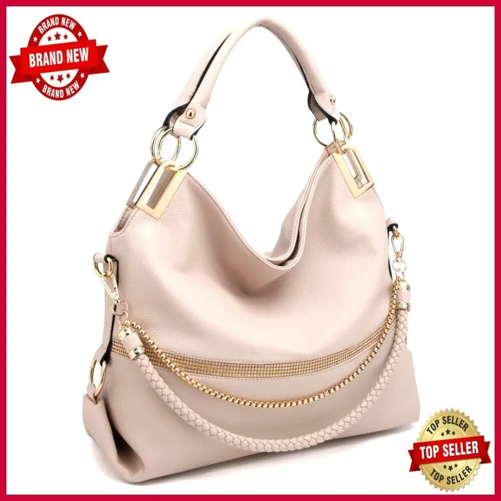 Large Vegan Leather Hobo Bag with Rhinestone Accents Tote Purse